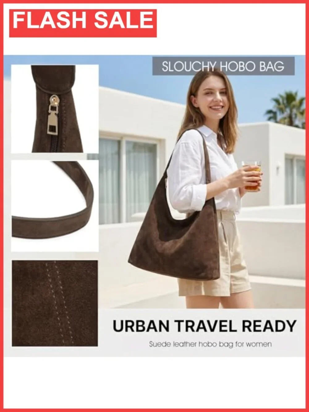 Faux Suede Slouchy Hobo Shoulder Bag Vegan Leather with Pouch